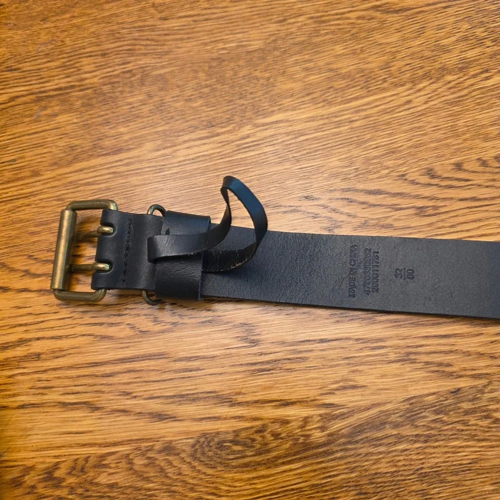 Polo Ralph Lauren Mens Sz 32 Black Leather Double Prong Brass Roller Buckle Belt